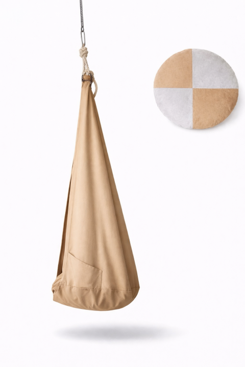 Boho kokon huśtawka sensoryczna dla dzieci bezowa z poduszka